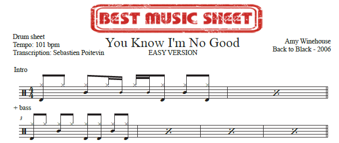 Sample drum sheet easy of You Know I'm No Good by Amy Winehouse