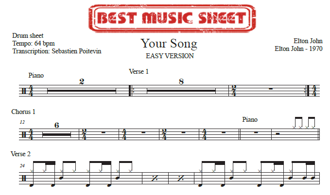 Sample drum sheet easy of Your Song by Elton John