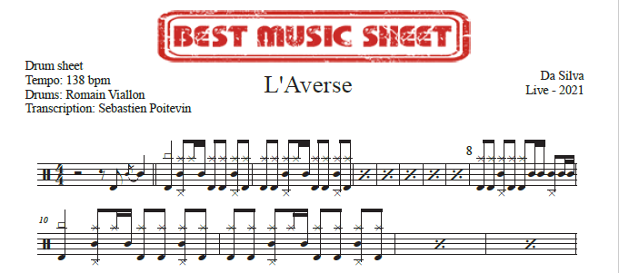 Sample drum sheet of L'Averse Live by Da Silva