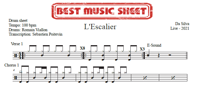 Sample drum sheet of L'Escalier Live by Da Silva