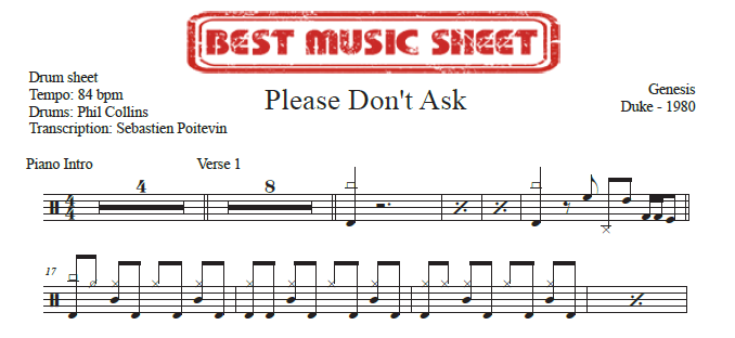 Sample drum sheet of Please Don't Ask by Genesis