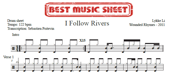 Sample drum sheet of I Follow Rivers by Lykke Li