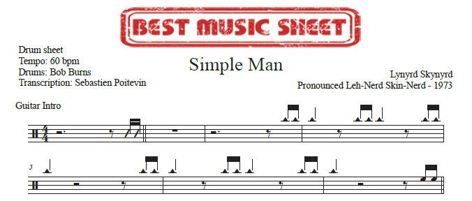 Sample drum sheet of Simple Man by Lynyrd Skynyrd