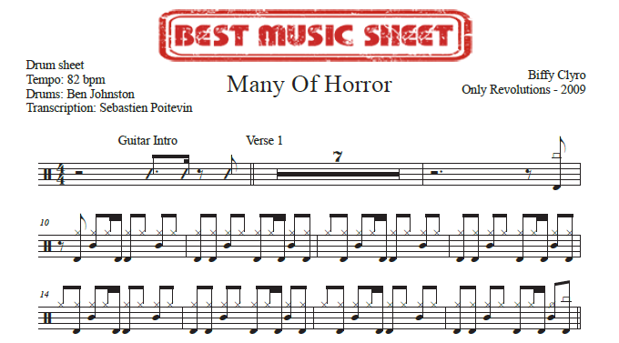 Sample drum sheet of Many of Horror by Biffy Clyro