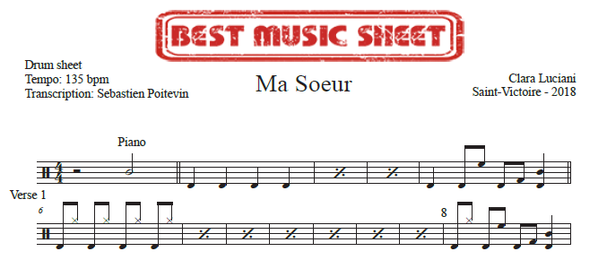 Sample drum sheet of Ma Soeur by Clara Luciani