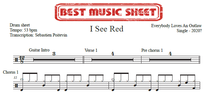 Sample drum sheet of I See Red by Everybody Loves An Outlaw