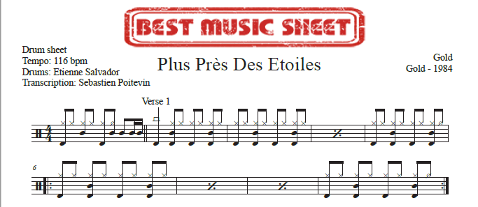 Sample drum sheet of Plus Pres Des Etoiles by Gold