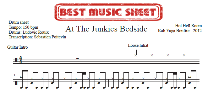 Sample drum sheet of At The Junkies Bedside by Hot Hell Room