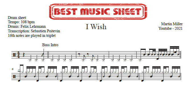 Sample drum sheet of I Wish by Martin Miller