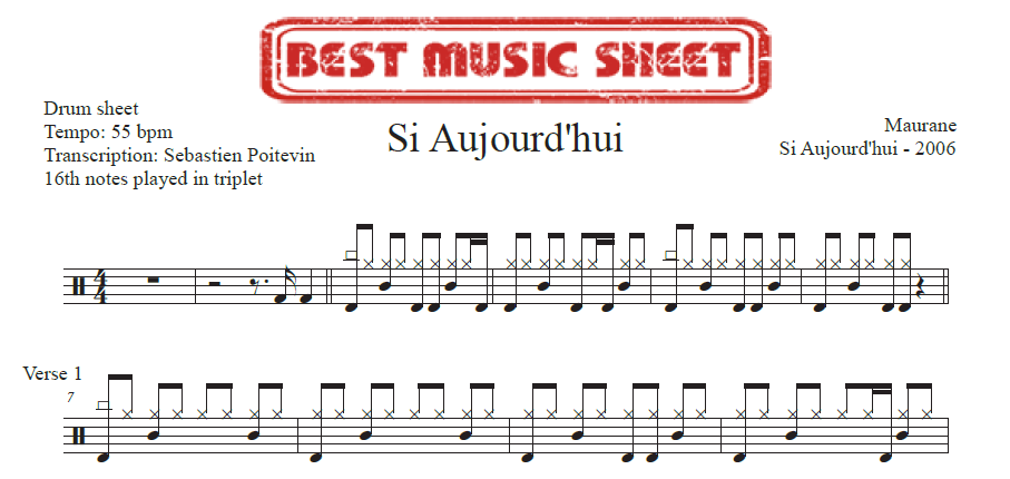 Sample drum sheet of Si Aujourd’hui by Maurane