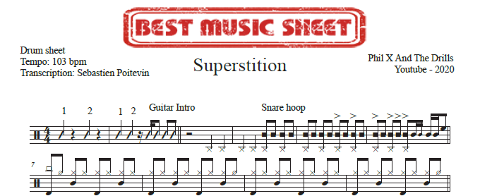 Sample drum sheet of Superstition by Phil X and The Drills