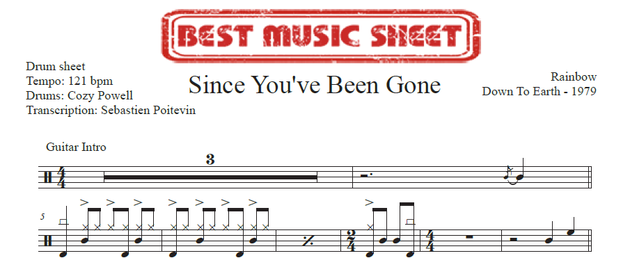 Sample drum sheet of Since You've been Gone by Rainbow