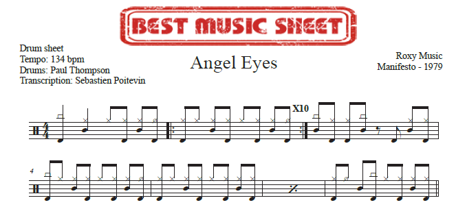 Sample drum sheet of Angel Eyes by Roxy Music