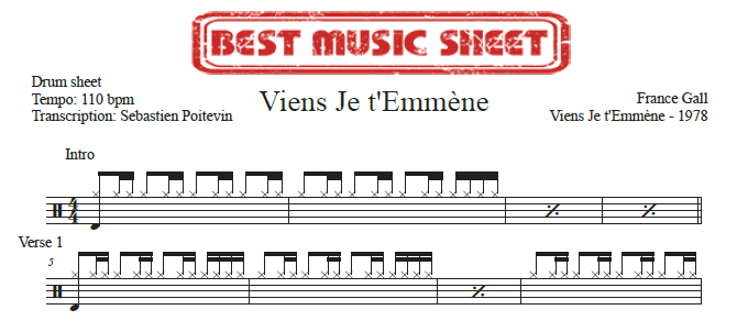 Sample drum sheet of Viens Je t’Emmene by France Gall