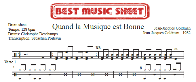 Sample drum sheet of Quand La Musique Est Bonne by Jean-Jacques Goldman