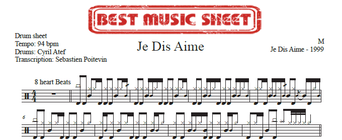 Sample drum sheet of Je Dis Aime by M