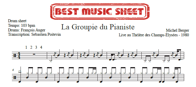 Sample drum sheet of La Groupie du Pianiste by Michel Berger