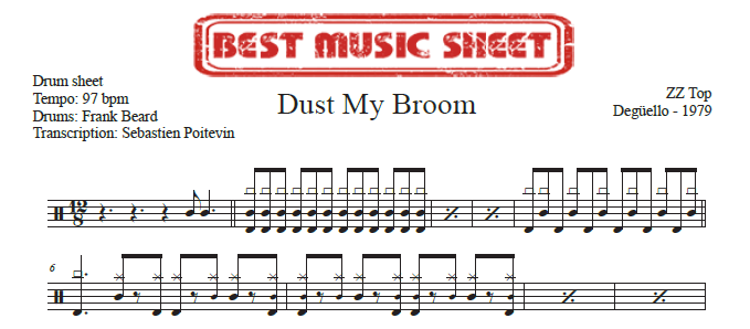 Sample drum sheet of Dust My Broom by ZZ Top