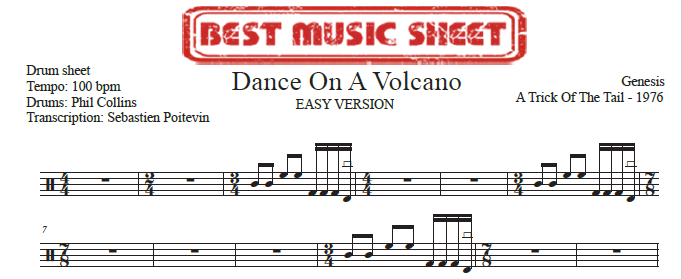 Sample drum sheet easy of Dance on a Volcano by Genesis