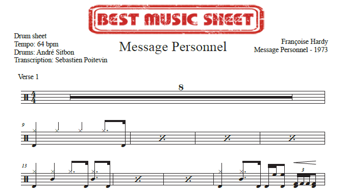 Sample drum sheet of Message Personnel by Francoise Hardy