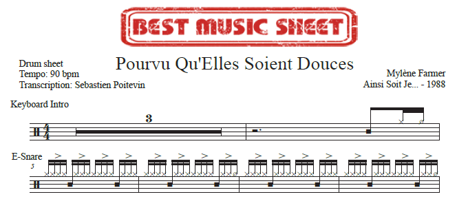 Sample drum sheet Pourvu Qu’Elles Soient Douces by Mylene Farmer