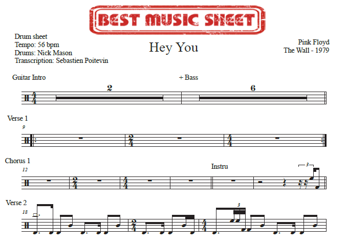 Sample drum sheet of Hey You by Pink Floyd