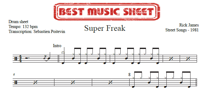 Sample drum sheet of Super Freak by Rick James