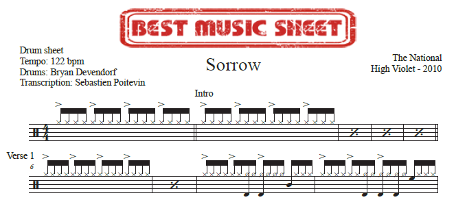 Sample drum sheet of Sorrow by The National