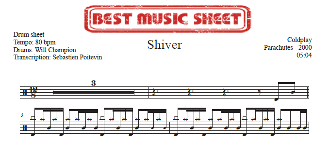 Sample drum sheet of Shiver by Coldplay