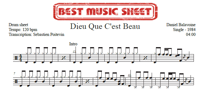 Extrait partition de batterie Dieu Que C’Est Beau de Daniel Balavoine