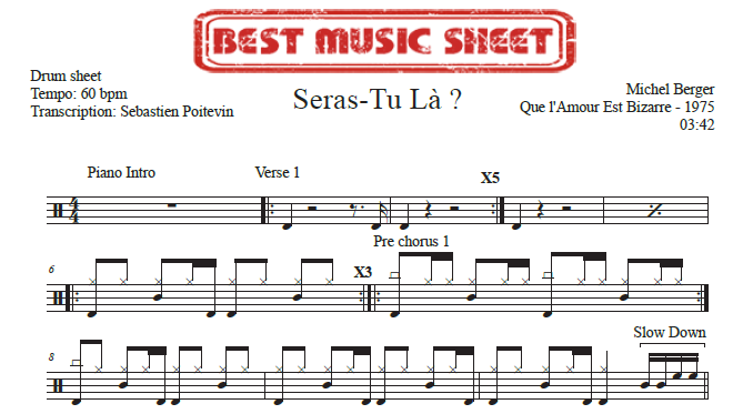 Sample drum sheet of Seras-Tu La by Michel Berger