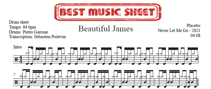 Sample drum sheet of Beautiful James by Placebo