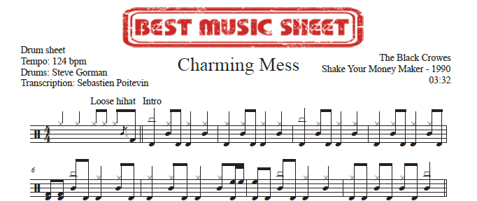 Sample drum sheet of Charming Mess by The Black Crowes