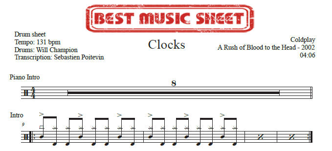 Sample drum sheet of Clocks by Coldplay