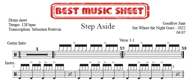 Sample drum sheet of Step Aside by Goodbye June