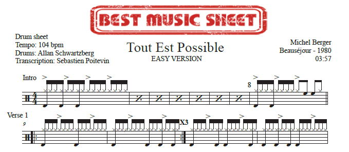 Sample drum sheet of Tout Est Possible easy by Michel Berger