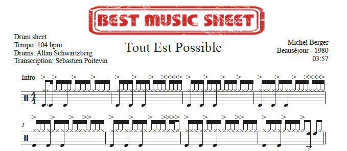 Sample drum sheet of Tout Est Possible by Michel Berger