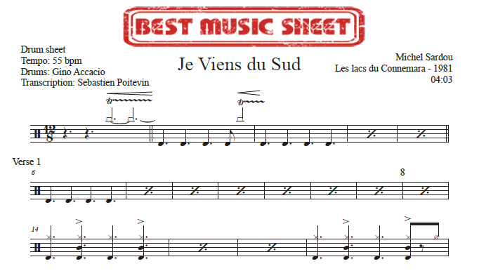 Sample drum sheet of Je Viens du Sud by Michel Sardou