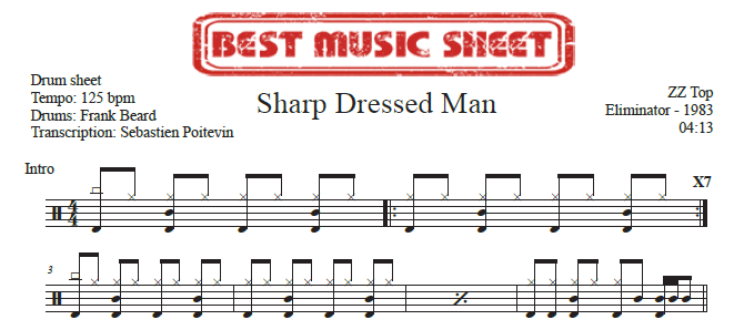 Sample drum sheet of Sharp Dressed Man by ZZ Top