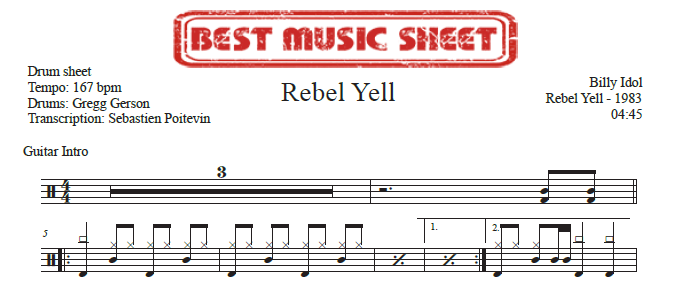 Extrait partition de batterie Rebel Yell de Billy Idol