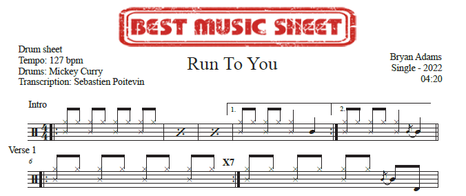 Sample drum sheet of Run To You by Bryan Adams