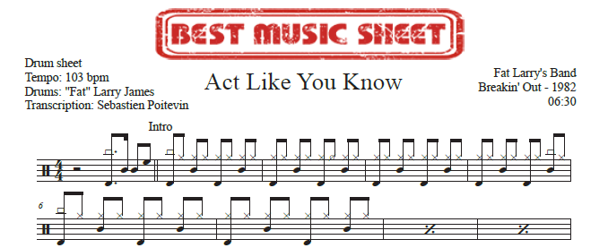 Sample drum sheet of Act Like You Know by Fat Larry's Band