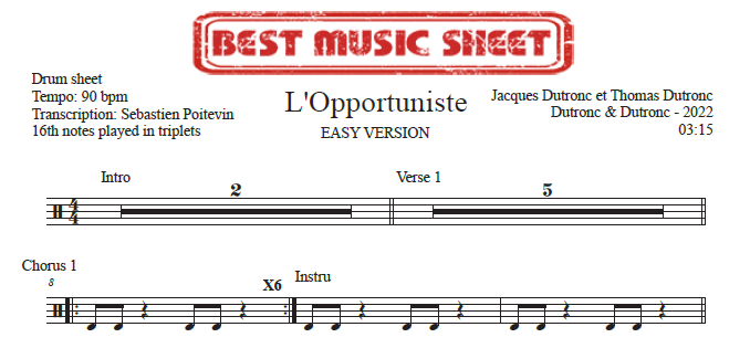 Sample drum sheet of L'Opportuniste easy by Jacques Dutronc and Thomas Dutronc