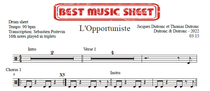 Sample drum sheet of L'Opportuniste by Jacques Dutronc and Thomas Dutronc