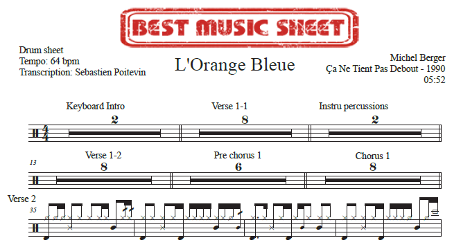 Extrait partition de batterie L'Orange Bleue de Michel Berger