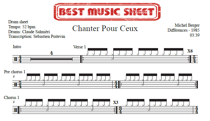 Extrait partition de batterie Chanter Pour Ceux de Michel Berger