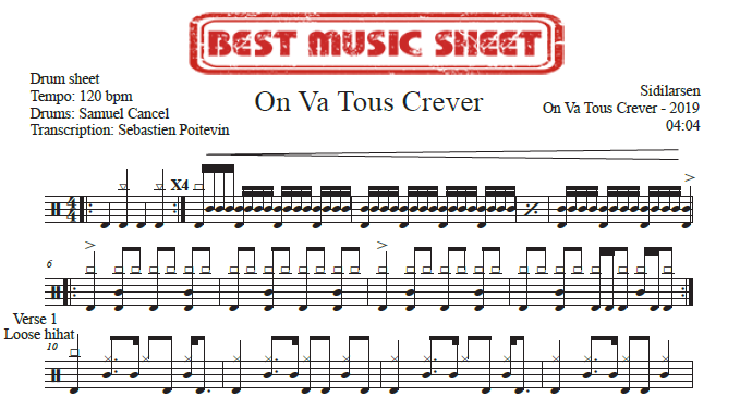 Sample drum sheet of On Va Tous Crever by Sidilarsen