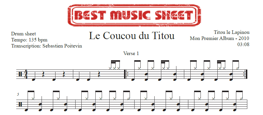 Sample drum sheet of Le Coucou du Titou by Titou le Lapinou