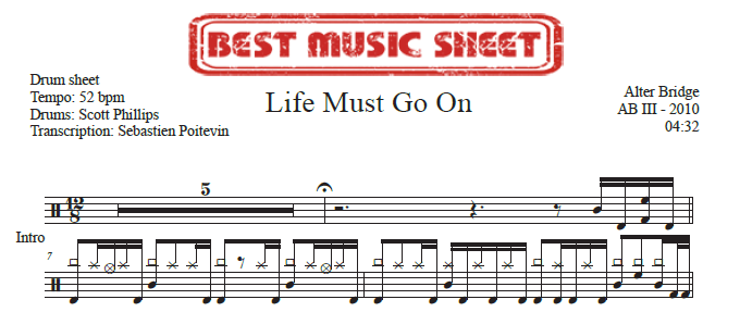 Sample drum sheet of Life Must Go On by Alter Bridge