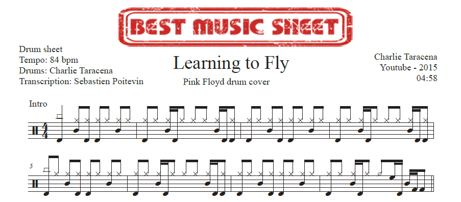 Extrait partition de batterie Learning to Fly cover de Charlie Taracena